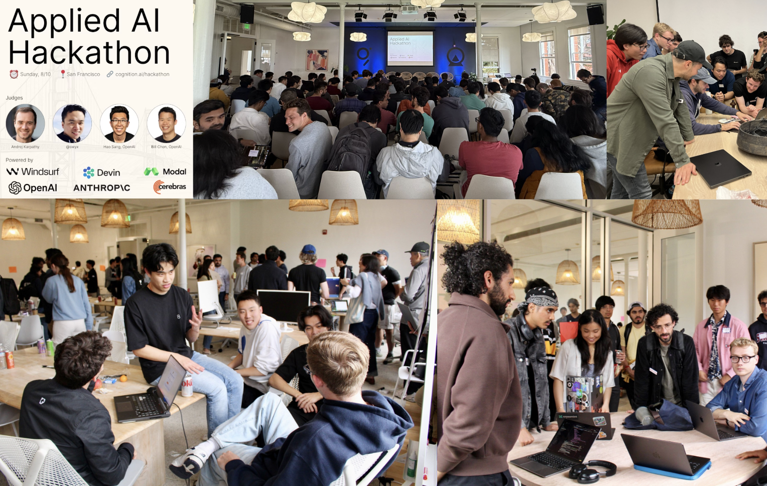 Applied AI Hackathon at The House — packed audience, judges, and teams shipping
